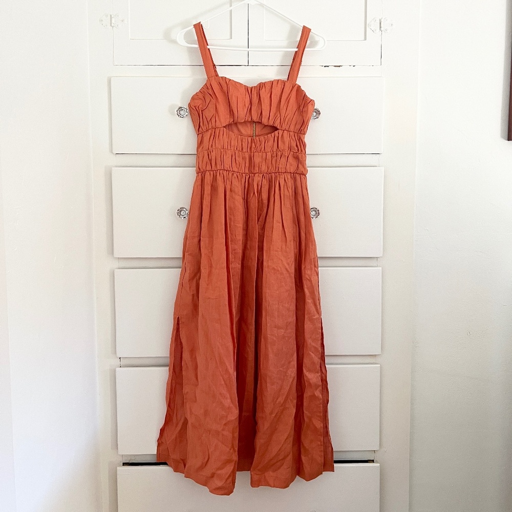 Mon Renn Papaya Linen Midi Dress Cutout Smocked Strappy Slit Size 8 - Picture 4 of 10